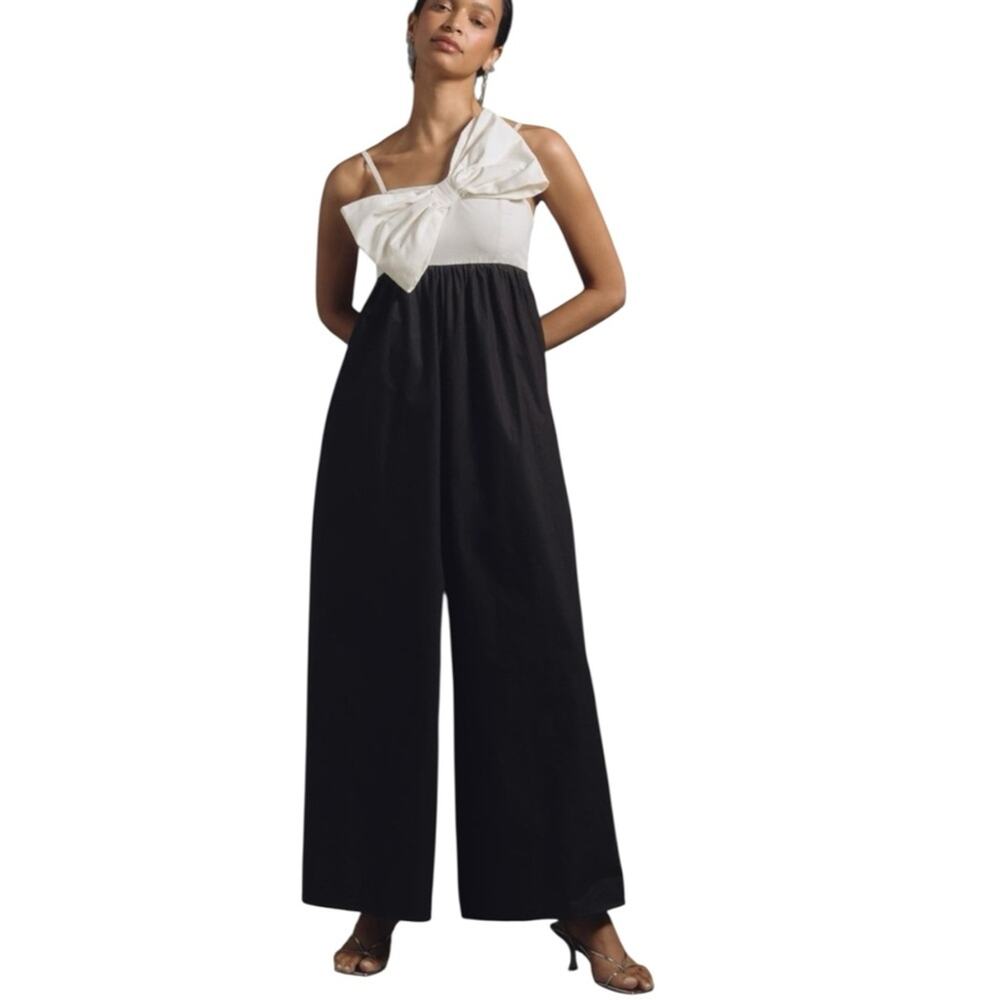 Anthropologie Hutch Wide Leg Jumpsuit Black and White Bow Detail Size Medium